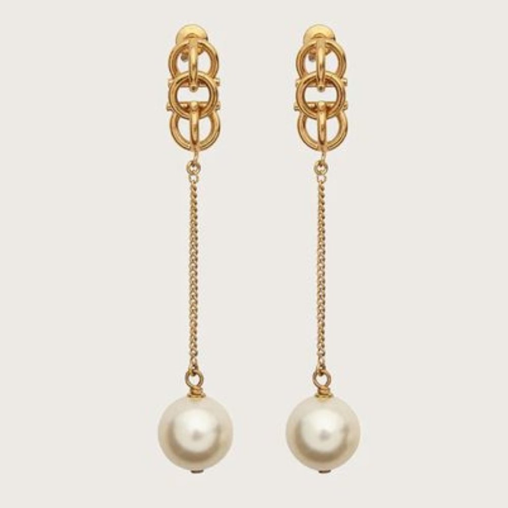 Salvatore Ferragamo Gancini Chain Drop Earrings With Pearl In Gold NEW IN BOX - Picture 13 of 15